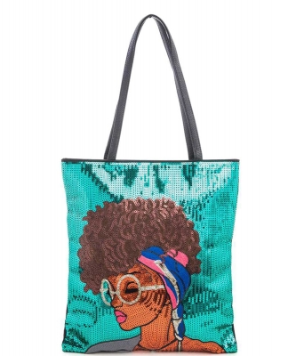 Glasses Girl Sequins Large Tote Bag A039GT-L GREEN